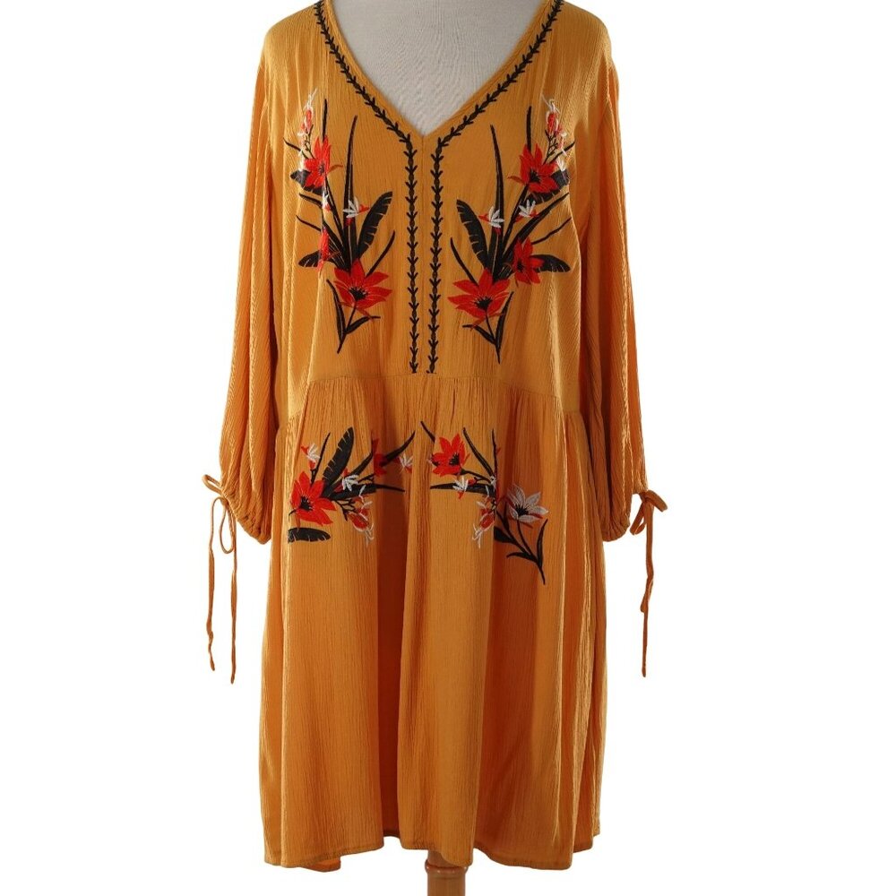 City Chic XS Sz 14 Goldenrod Embroidered Dress Above knee V Neck